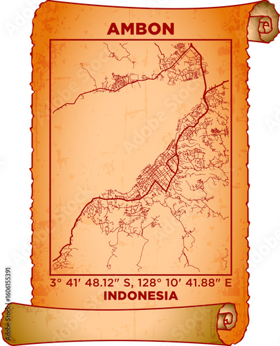 map art Ambon, Indonesia with coordinates. map poster old parchment paper scroll sheet vintage aged and texture, Historical vintage scrolls treasure map concept. poster design map ancient