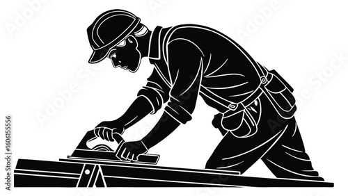 Black silhouette carpenter planing wood tool construction