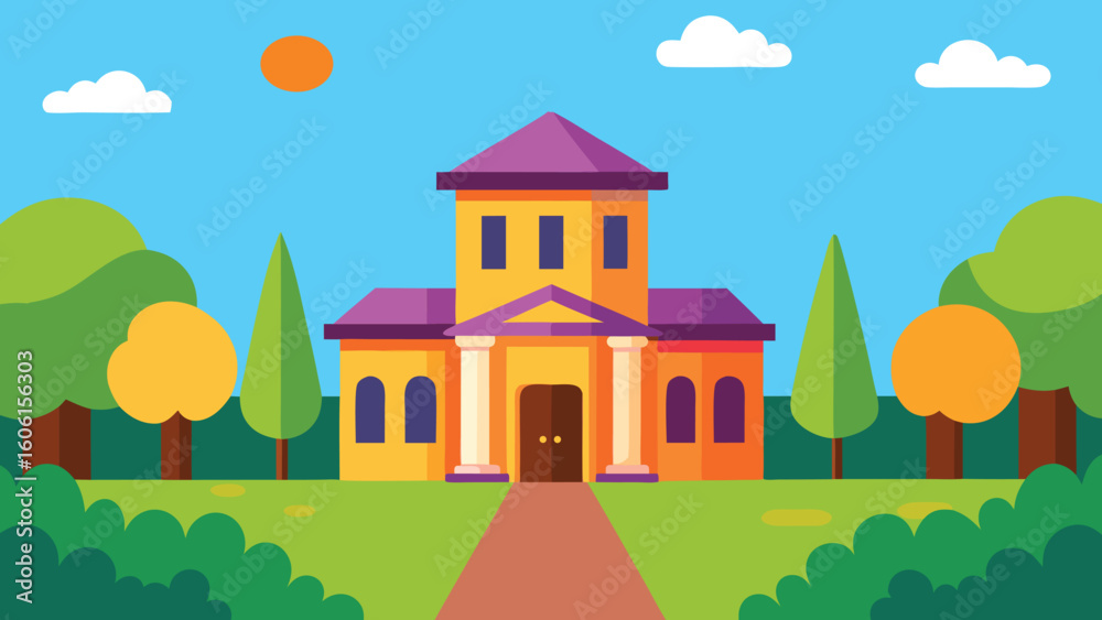 Fototapeta premium Colorful Cartoon Warden House with Cat Illustration in Unique Style