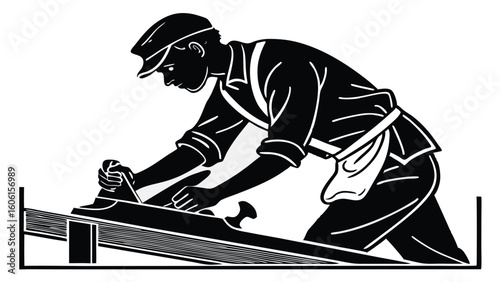 Black silhouette carpenter planing wood woodworking