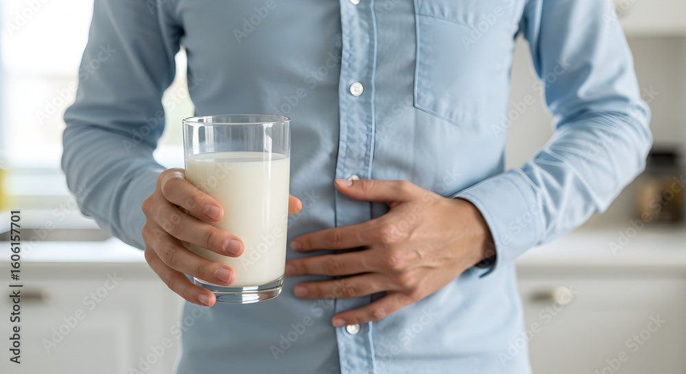 Person in Blue Shirt Holds Milk Glass with Hand on Stomach in White Kitchen Person in Blue Shirt Holds Milk Glass with Hand on Stomach in White Kitchen