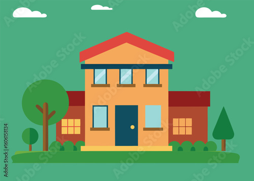 Small House with Garden Beside a Boy Vector Illustration