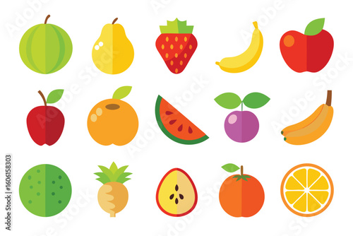 Vector art of a charming collection of cartoon fruit icons isolated on white background provides a cheerful design