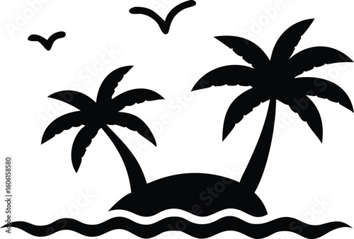 Tropical island palm trees silhouette with birds and waves