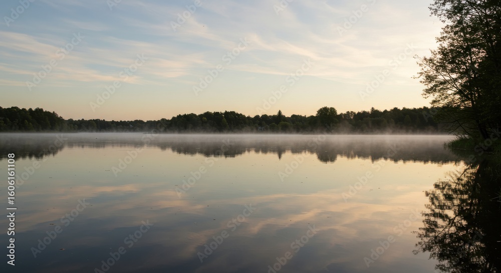 Fototapeta premium Tranquil Morning Lake Landscape with Mist Reflecting the Cloudy Sky