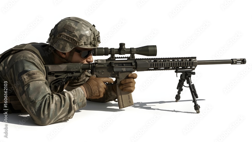 Fototapeta premium Elite Sniper Lying Prone with Barrett M82 – White Background Side View