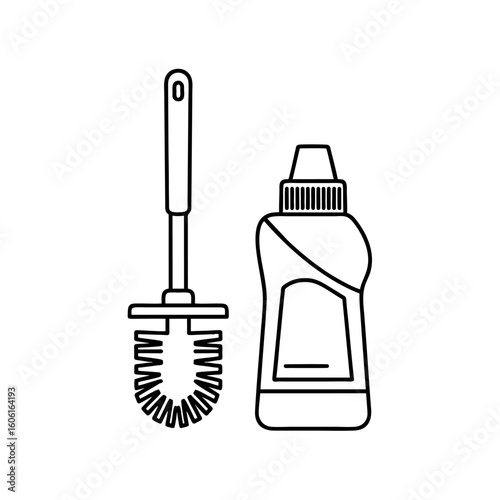 Toilet brush and cleaner bottle line icon. Household cleaning supplies and bathroom hygiene concept vector illustration.