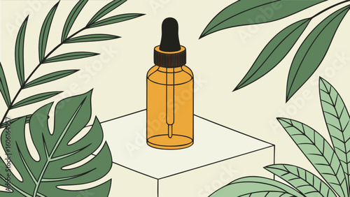 Organic serum dropper bottle with natural leaf background for skincare and aromatherapy products illustration