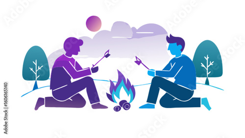 Camping trip friends roasting marshmallows campfire outdoor adventure summer vacation nature illustration vector