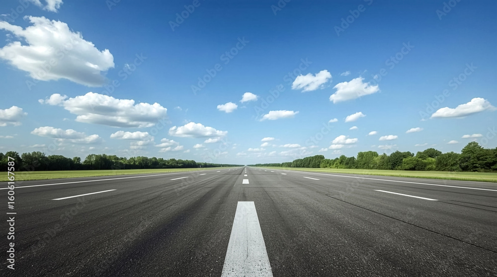 Fototapeta premium Expansive airport runway under a vast blue sky with scattered white clouds and green trees lining the horizon