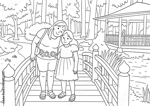 Coloring page of mother and daughter in park with bridge and gazebo