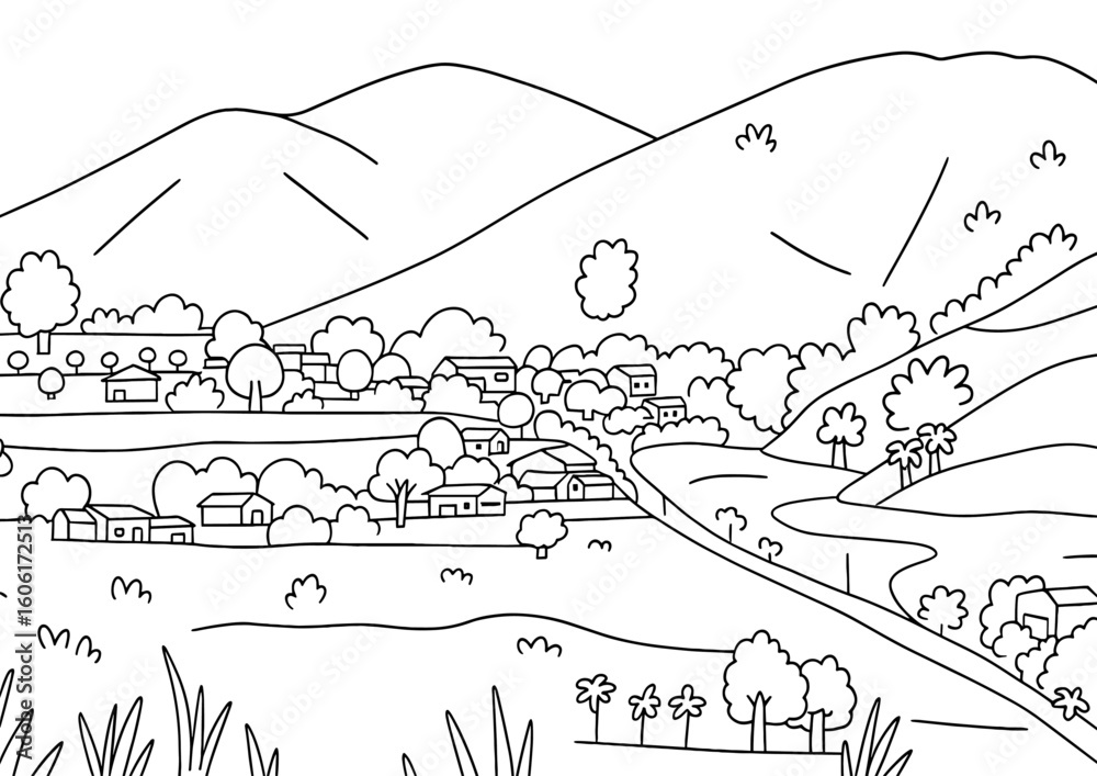 Fototapeta premium Village landscape coloring page for kids and adults printable free