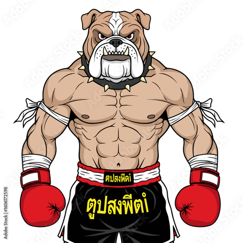 Bulldog muay thai fighter cartoon illustration strong muscular dog art
