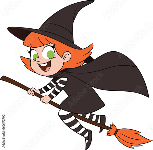  cartoon witch with long white hair flying on a magic broomstick. Halloween character vector illustration isolated on a white background.