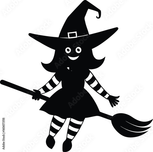  cartoon witch with long white hair flying on a magic broomstick. Halloween character vector illustration isolated on a white background.