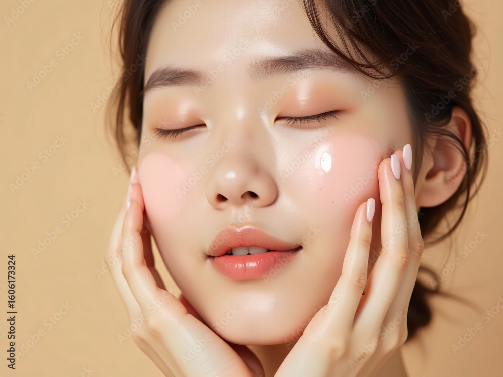 Obraz premium Serene Young Woman with Glowing Skin Applying Facial Mask Treatment