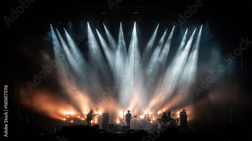A live concert stage bathed in dramatic spotlights and smoke, with a blurred silhouette of a rock band performing