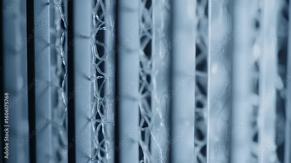 Abstract, pale blue image of vertical surfaces connected by irregular netting structures