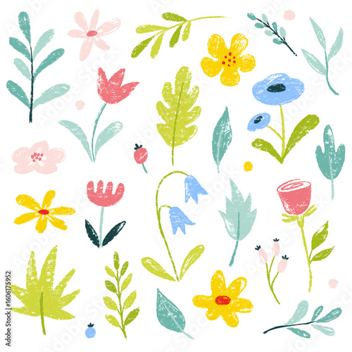 Flower crayon watercolor spring floral set. Hand drawn pastel crayon flower, leaf, plant with chalk texture. Cute nature background for kid, child, garden doodle element design. Vector illustration