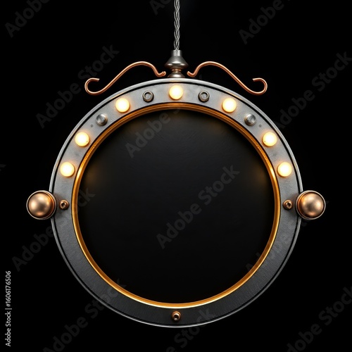 Circular metal frame with ornaments, screws and bronze-colored chains on a black background