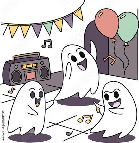 cartoon ghosts having a spooky dance party. Cute Halloween characters dancing, celebrating, and having fun. Vector illustration for a holiday party, isolated on a white background.