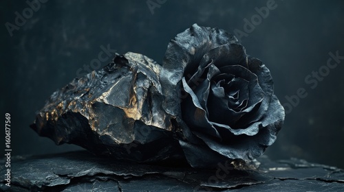 Dark rose and rock still life