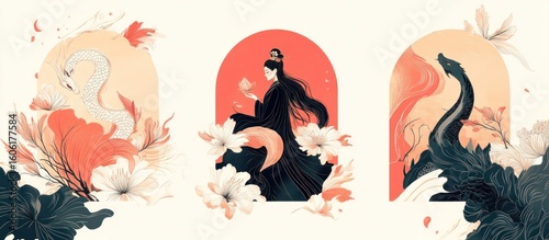 Elegant figures, ornate floral, mythical creatures