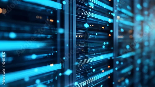 Blinking blue lights in a server room representing fast data flow and access