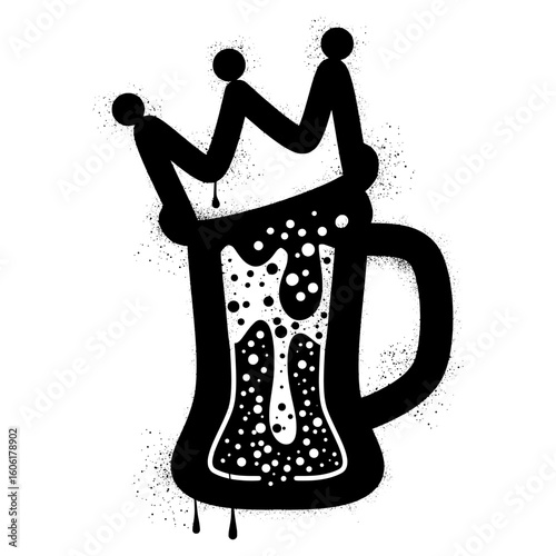 Beer mug with crown hand drawn with black spray paint graffiti