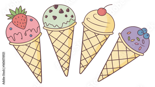 Delicious ice cream cones vector art featuring strawberry mint cherry and blueberry flavors design for dessert lovers