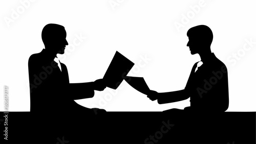Two silhouetted figures exchanging documents across a table in a business transaction setting depicted here