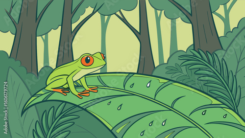 Red eyed tree frog illustration sitting on a leaf in the jungle rainforest wildlife amphibian drawing vector