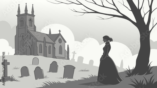 Gothic graveyard scene with church and woman in mourning dress vector illustration drawing art design