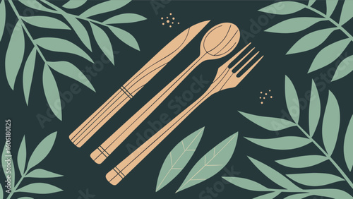 Eco friendly bamboo cutlery set with knife fork and spoon sustainable living kitchen utensils and green leaves