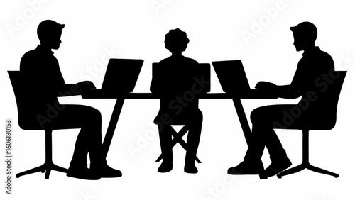 Silhouette illustration of three people sitting at a table with laptops in a meeting setting design