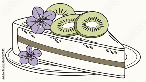 Delicious kiwi cake dessert recipe with violet flower decoration for baking and food blog illustration