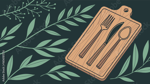 Wooden cutting board with silverware and leafy branches kitchen decor illustration for culinary blog and website
