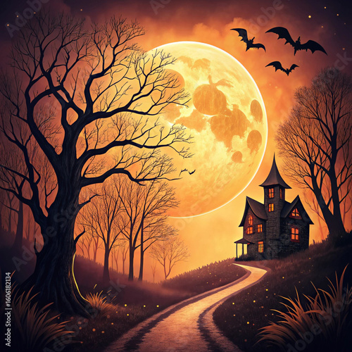 Halloween Haunted House Glowing Orange Moon Bats spooky