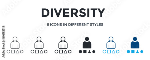 Diversity Icon In Different Style Vector Illustration. Designed In Thin Line, Regular Line, Bold Line, Glyph, Outline Color, And Glyph Color Style Can Be Used For Web