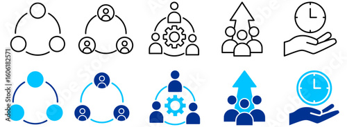 Team Collaboration, Growth and Time Management Icon Set - Outline and Duotone 