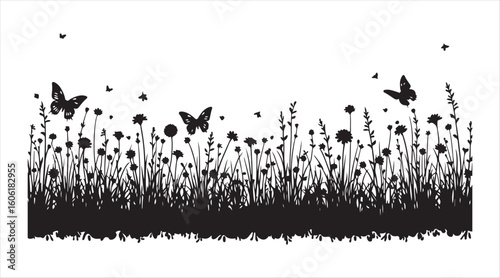 An uninterrupted horizontal border crafted from monochrome wild plants and butterflies. The black silhouette of meadow grass and wildflowers is lined up on a white backdrop.