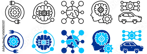 AI Powered Systems, Global Network and Autonomous Vehicle Icon Set - Outline and Duotone 