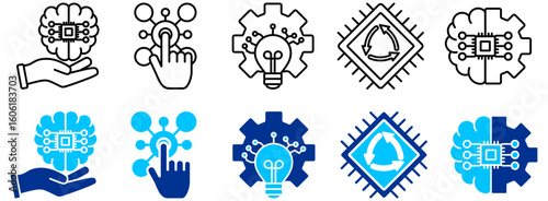 AI Brain, Digital Interaction and Renewable Computing Icon Set - Outline and Duotone 