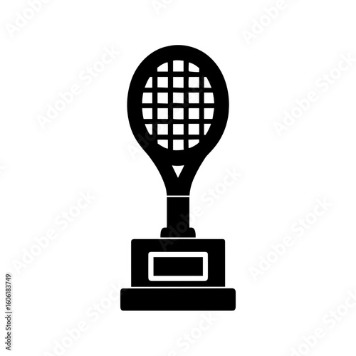 Tennis racket trophy icon in filled black style – symbol of grand slam triumph