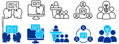 Communication, Online Learning and Group Brainstorming Icon Set - Outline and Duotone 