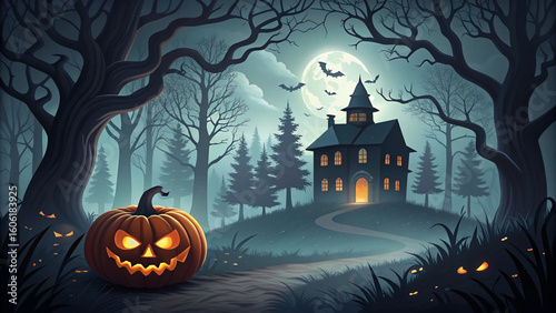 Halloween Jackolantern Haunted House Moonlight Forest Background