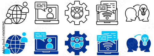 Global Connectivity, Online Collaboration and Idea Sharing Icon Set - Outline and Duotone 