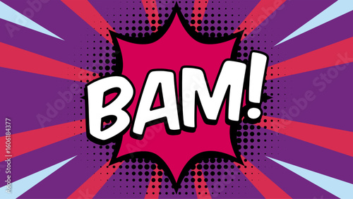 Bam text template on retro background for stickers, posters, social media posts.