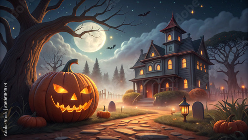 Halloween Night Cartoon Haunted House Jackolantern Scene 1
