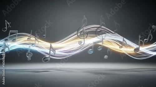 Abstract Digital Composition Of Glowing Musical Notes Flowing On Dark Background